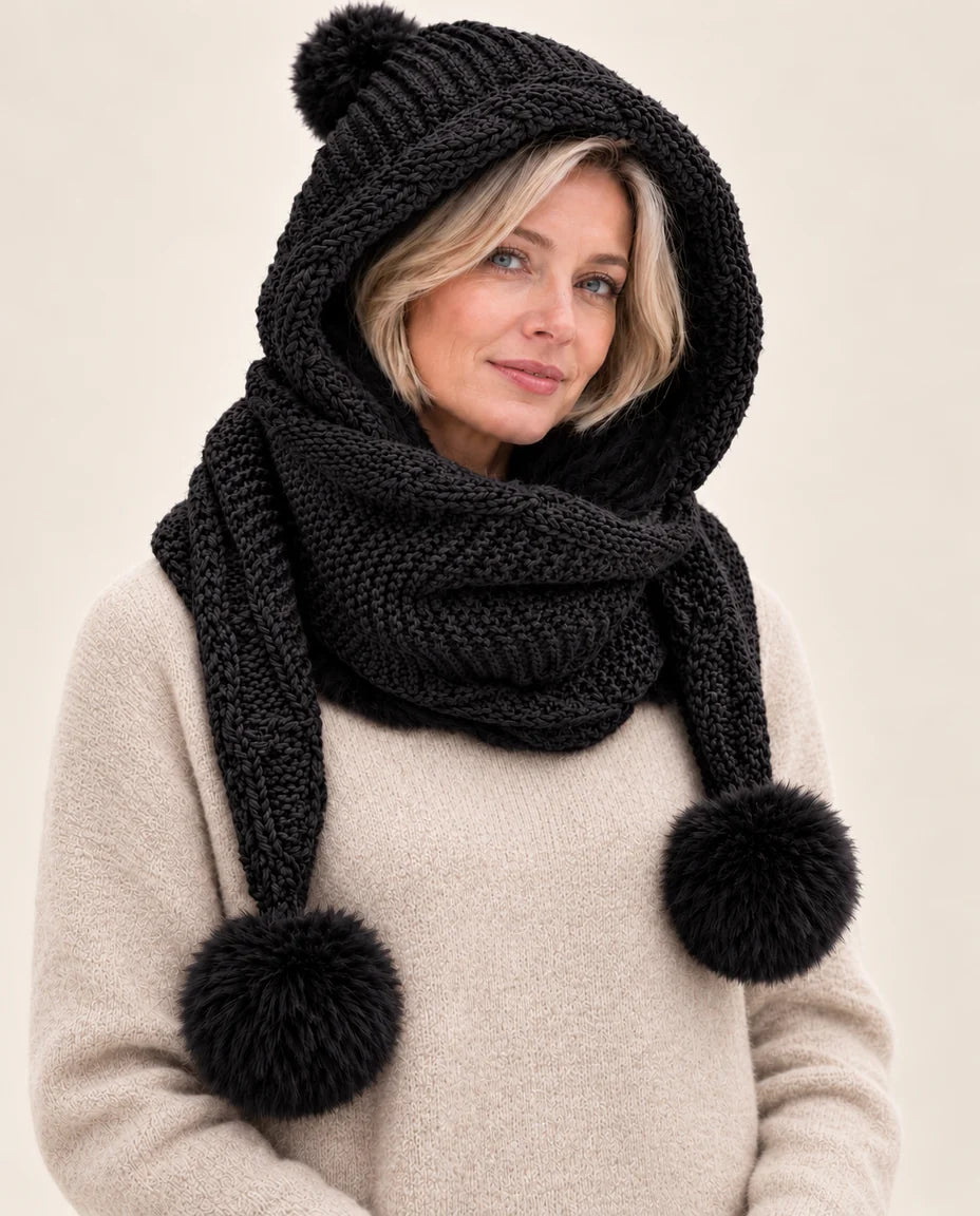 Schneeflocke – Kapuzenschal mit Bommeln – Farbe Schwarz