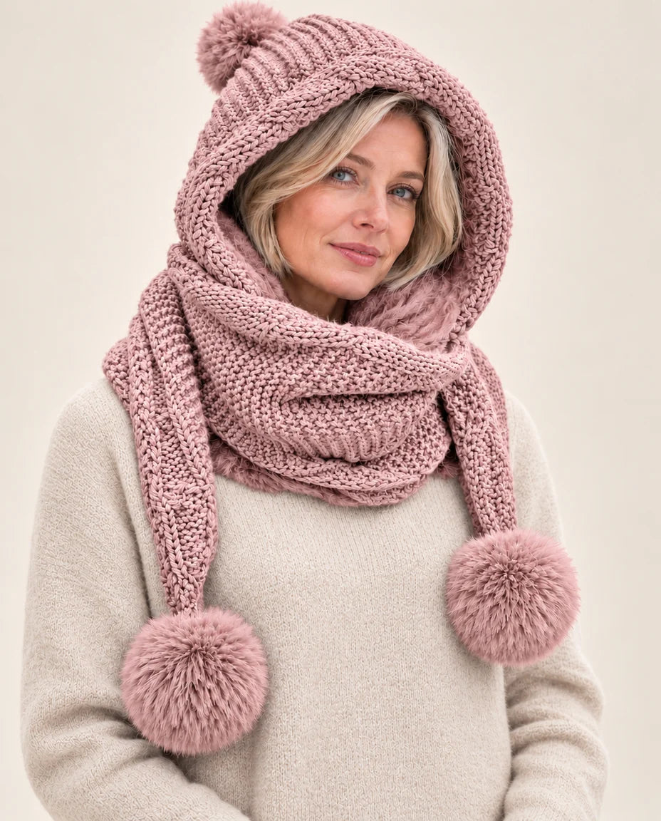 Schneeflocke – Kapuzenschal mit Bommeln – Farbe Rosa