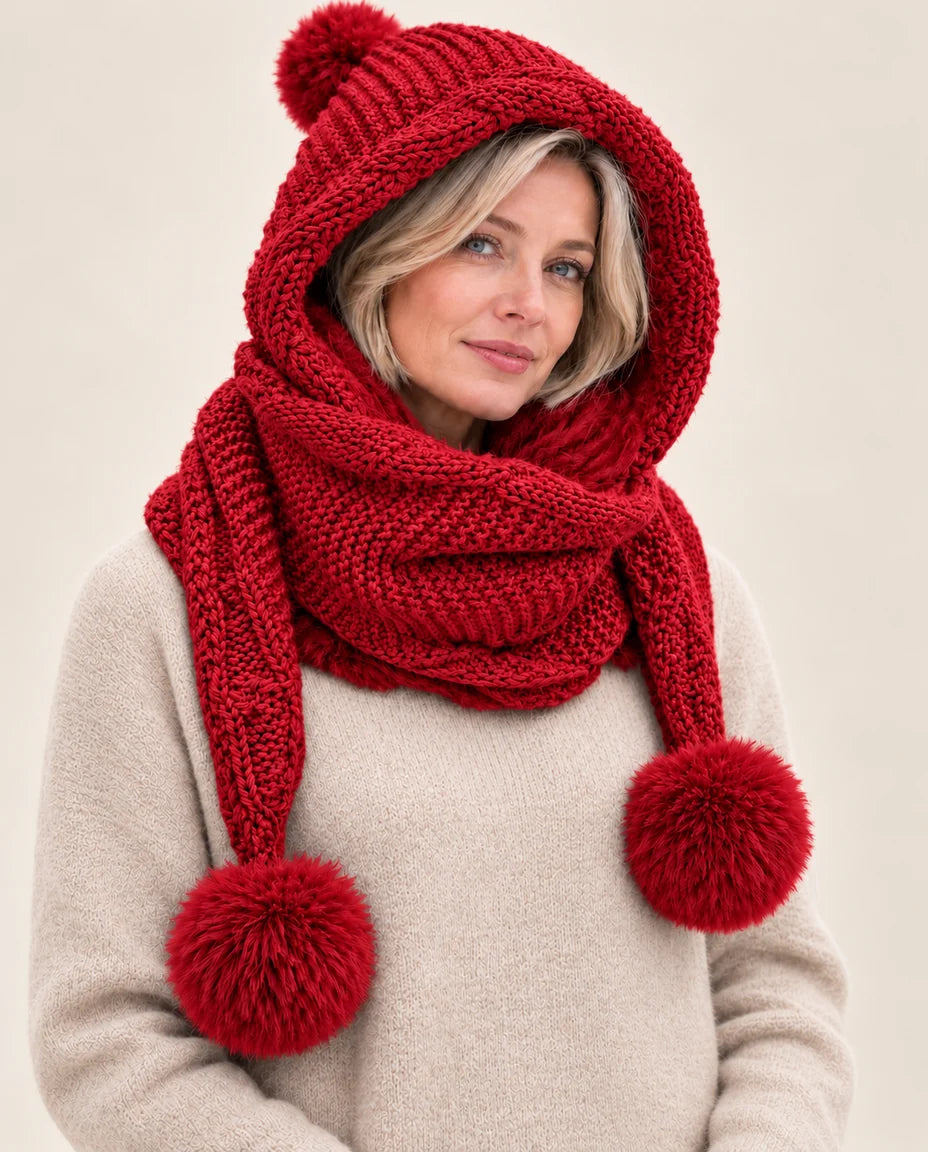 Schneeflocke – Kapuzenschal mit Bommeln – Farbe Rot