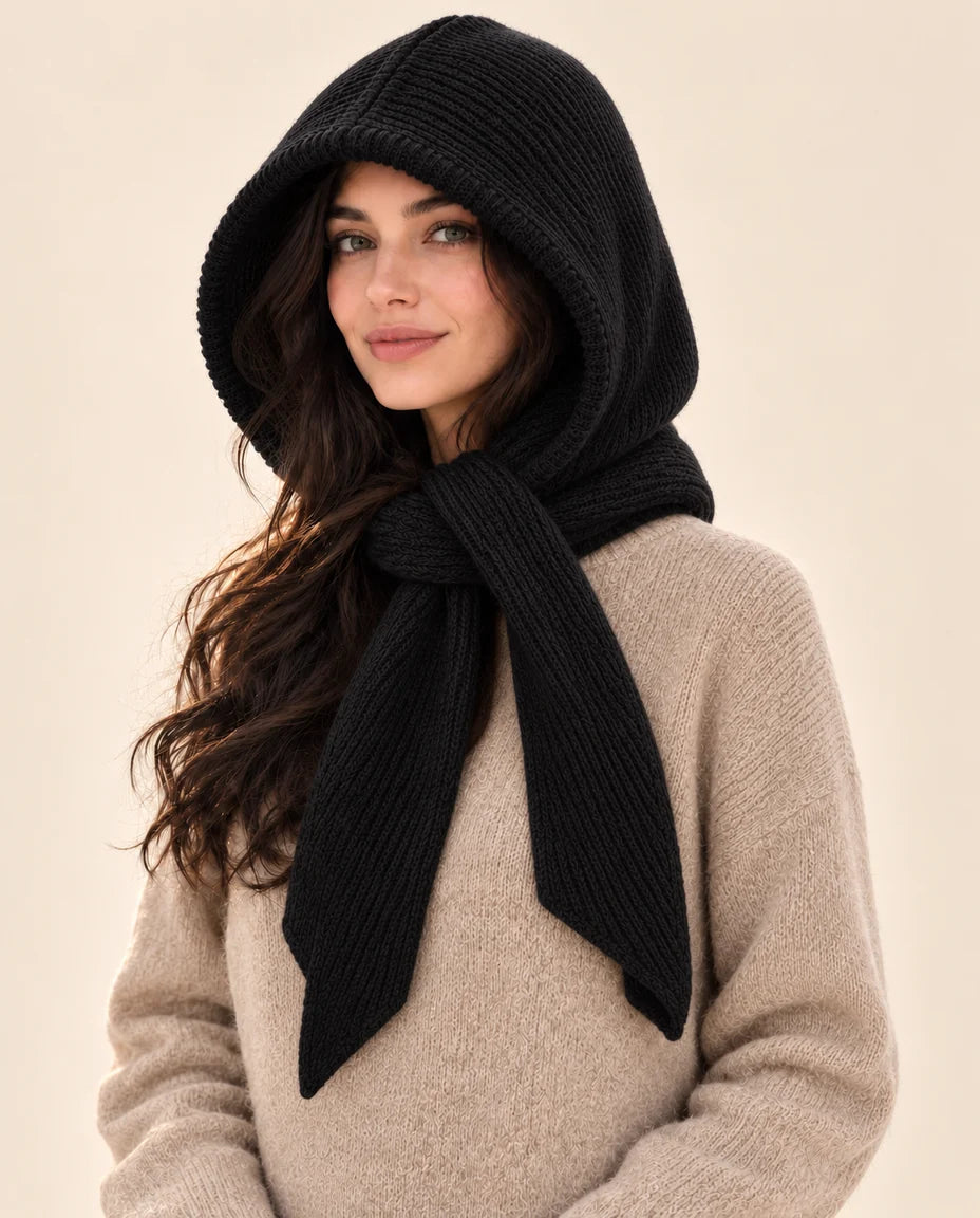 Winterknoten – Strickkapuze mit Bindeschal – Farbe Schwarz