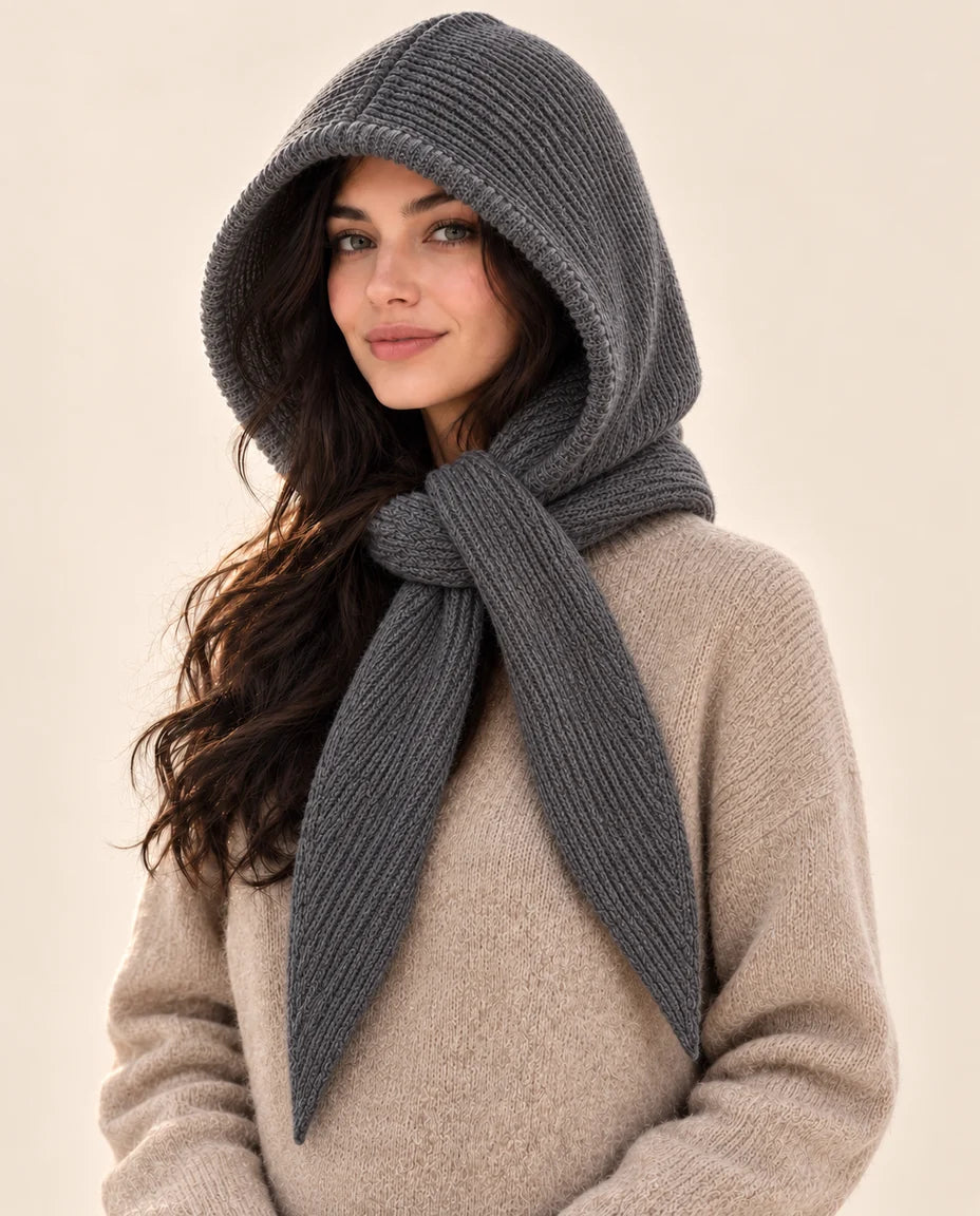 Winterknoten – Strickkapuze mit Bindeschal – Farbe Dunkelgrau
