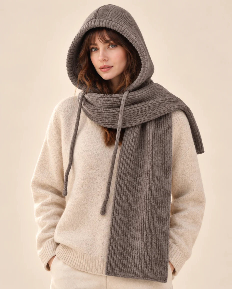 Winterweite – Langer Kapuzenschal mit Kordelzug – Farbe Taupe