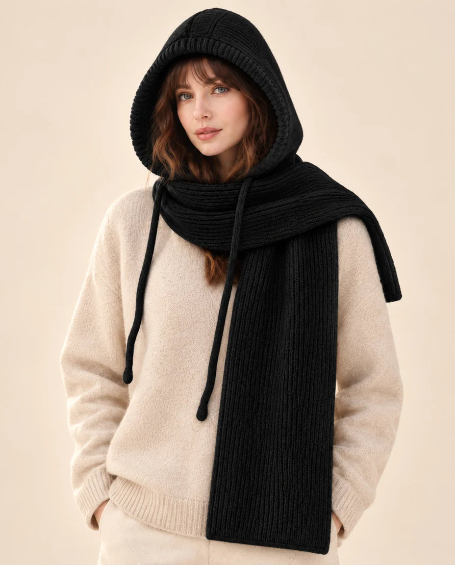 Winterweite – Langer Kapuzenschal mit Kordelzug – Farbe Schwarz