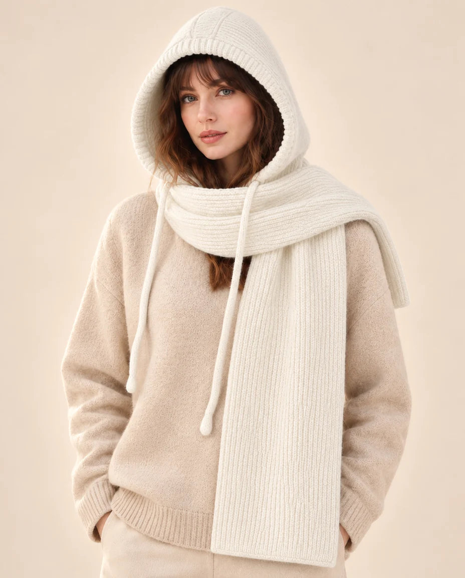 Winterweite – Langer Kapuzenschal mit Kordelzug – Farbe Weiß