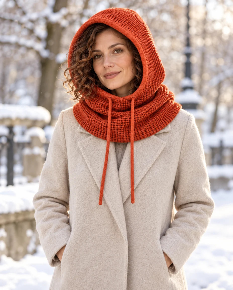 Morgenfrost – Strickkapuze mit Schlauchkragen – Winterlook mit Model