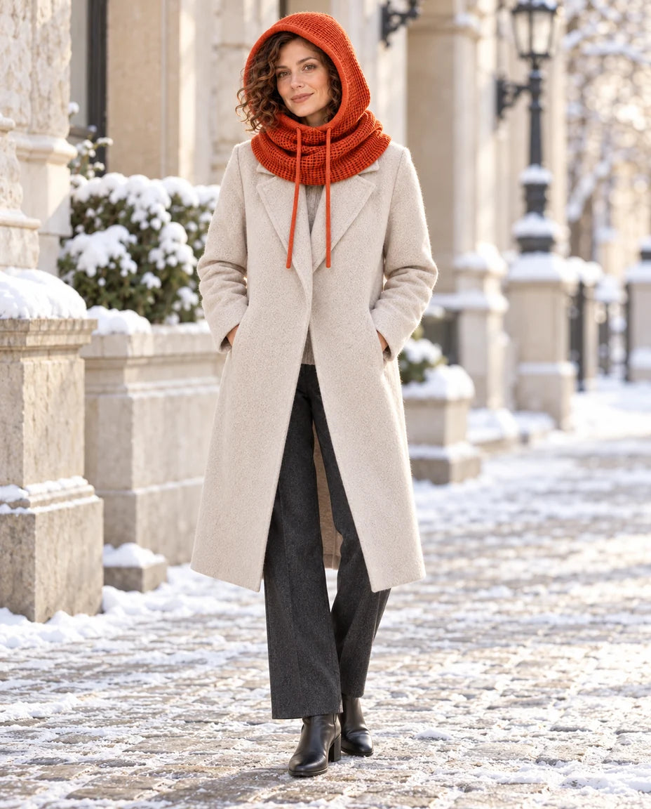 Morgenfrost – Strickkapuze mit Schlauchkragen – Outfit mit Model