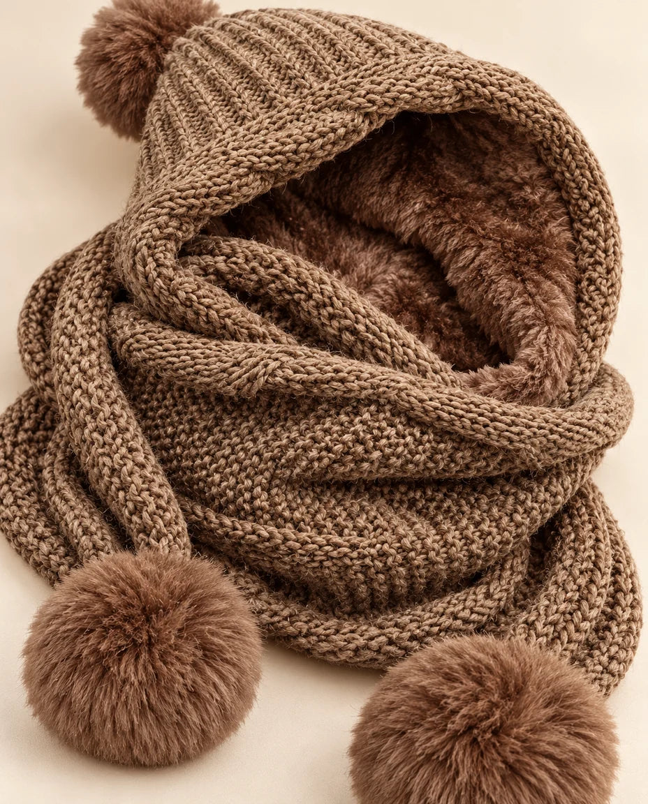 Schneeflocke – Kapuzenschal mit Bommeln – Detail der Strickstruktur