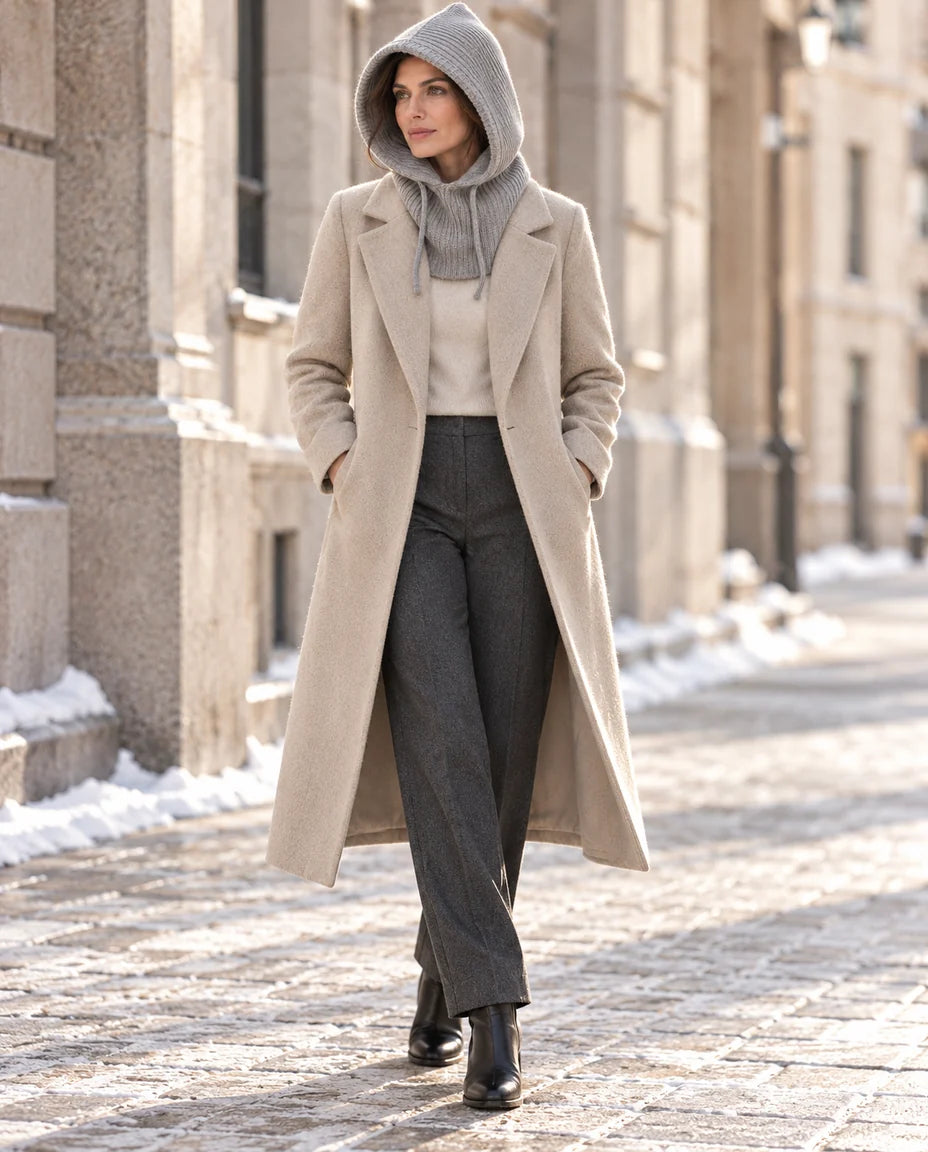 Stadtwinter – Strickkapuze mit Halskragen – Outfit mit Model