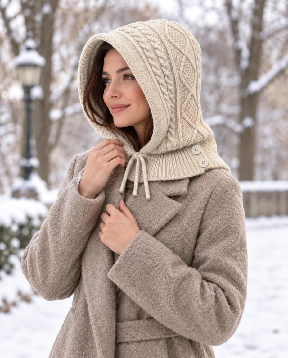 Strickzauber – Strickkapuze mit Halskragen – Winterlook mit Model