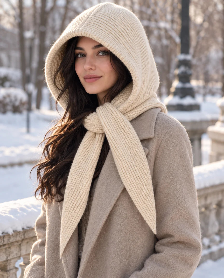 Winterknoten – Strickkapuze mit Bindeschal – Winterlook mit Model