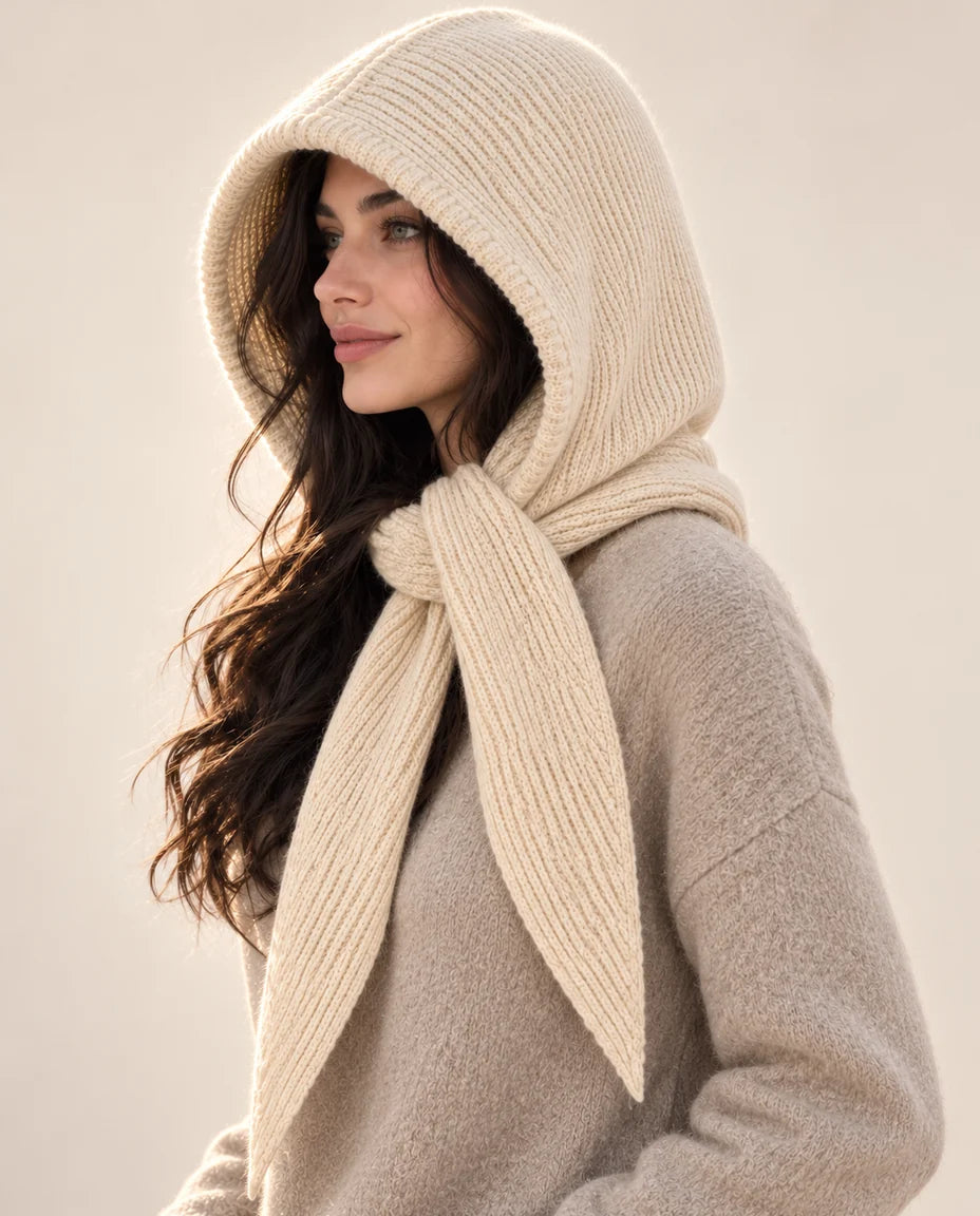 Winterknoten – Strickkapuze mit Bindeschal – Seitenansicht