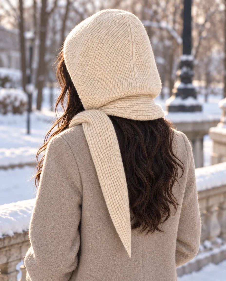 Winterknoten – Strickkapuze mit Bindeschal – Rückansicht