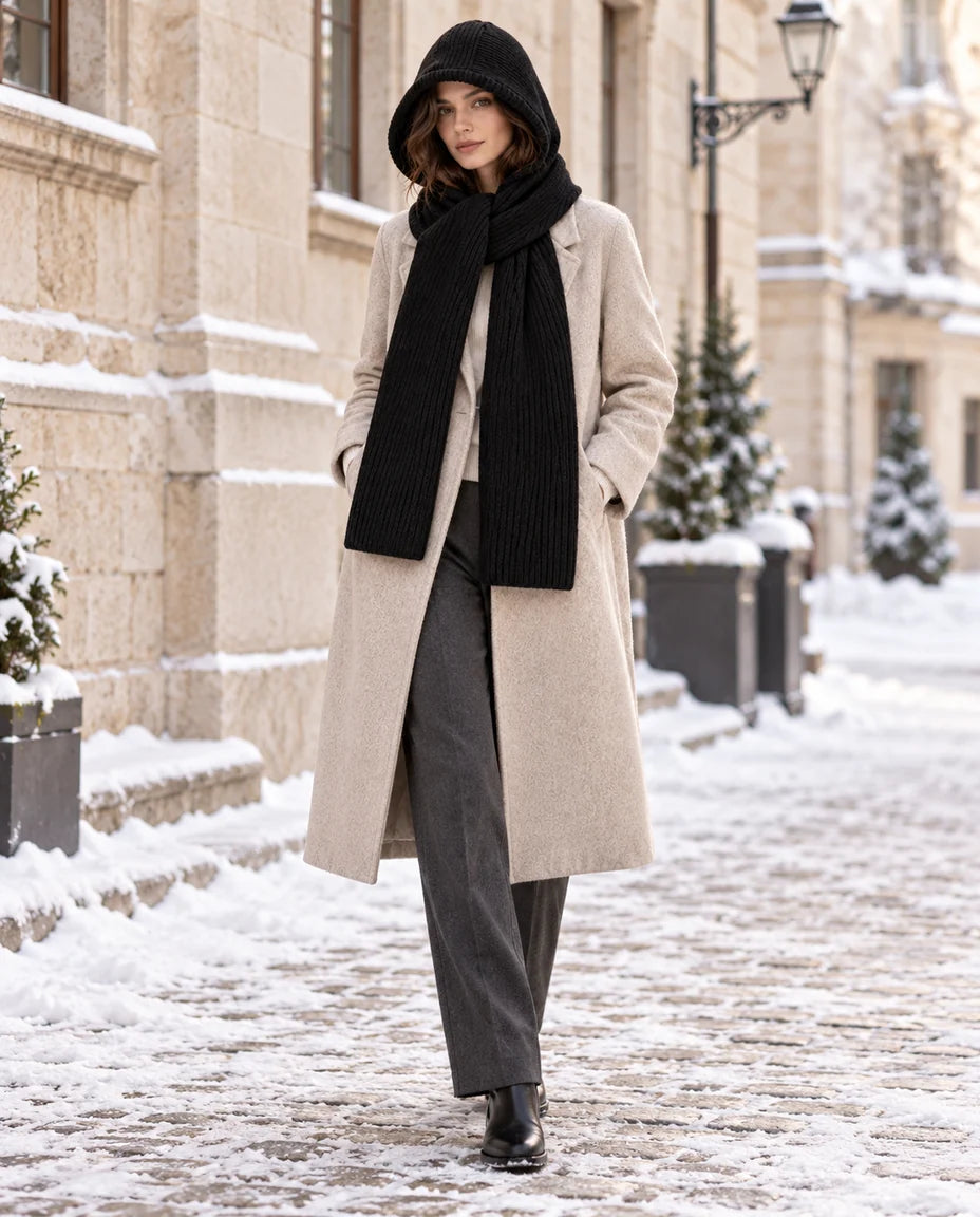Winterruhe – Gerippter Kapuzenschal – Outfit mit Model